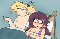 bed bedroom blonde_hair cigarette flat_chested lesbian lesbian_couple lesbian_sex long_hair lying_on_bed medium_breasts meme meme_reference mora_lila naked_female original purple_hair shocked short_hair smoking smoking_cigarette vampires_hell yuri