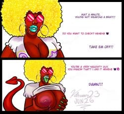 2026 2d 2d_artwork afro_hair big_breasts blonde_hair blue_lips bra_strap_is_showing_(meme) demon_girl demon_tail high_quality high_resolution oc oc_character tagme tongue_out vdrawstuff