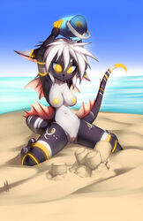 anthro armpit armpits beach bioluminescence breasts bucket feline female fins furry glowing hybrid large_eyes long_ears navel nipples nude pointy_ears pussy sand sand_castle sculpture sea seaside solo spikes tail thefuckingdevil two_tone_skin unimpressed unknown_species white_hair wide_eyed wings yellow_eyes