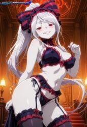 1girl absurd_resolution absurdres ai ai-created ai_art ai_generated anime_coloring anime_screenshot anime_style bare_shoulders bedroom black_bow black_clothing blush bow candlelight choker detailed_background dim_lighting dynamic_angle dynamic_pose exhibitionism exibitionism exited explicit fang fangs female frills glossy glossy_body glossy_skin gorgeous gothic_lolita hair_bow hentai hi_res high_contrast high_quality high_resolution in_heat indoors lamp large_bow long_hair looking_at_viewer mansion nsfw overlord_(maruyama) pale_skin patreon perfect_anatomy pervert_female plump ponytail presenting rating_explicit red_bow red_clothing red_eyes red_trim ribbon sexy sexy_body sexy_female sexy_pose shalltear_bloodfallen silver_hair smile smirk soft_shading solo source_anime stairs standing striped_bow teasing teasing_viewer thighhighs vampire vampire_girl voluptuous voluptuous_body voluptuous_female warm_lighting white_hair