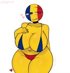 blue_bikini_top countryhumans countryhumans_girl female female_only hearts_around_body hearts_around_head kak0yt0_chel_style red_bikini_bottom romania_(countryhumans) solo white_background wide_hips yellow_body yellow_breasts