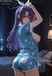 1girl ai_generated alternate_costume alternate_hairstyle animal_print arms_up artist_name ass bangs bed bedroom blue_archive blue_pajamas blue_shirt blue_shorts blurry_background blush breasts breasts_out cat_print clothing cowboy_shot curtains desk_lamp dolphin_shorts drawing_(object) fanbox_username female from_behind grin hair_down hairband halo hayase_yuuka indoors lamp large_breasts long_hair looking_at_viewer looking_back mechanical_halo medium_breasts night nipples no_bra on_bed open_clothes pajamas parted_bangs partially_unbuttoned patreon_username paw_print picture_frame pillow purple_eyes purple_hair rabbit_print shirt short_shorts short_sleeves shorts smile solo thighs underbutt vantawaifu white_hairband window yuuka_(blue_archive) yuuka_(pajamas)_(blue_archive)