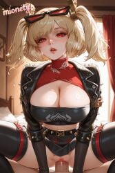 1boy 1girl ai_generated artist_name belt black_belt black_jacket black_skirt black_thighhighs blonde_hair blush breasts burnice_white cleavage cleavage_cutout clothed_sex clothing_cutout cowgirl_position crop_top curtains eyewear_on_head girl_on_top hetero indoors jacket large_breasts lips long_sleeves looking_at_viewer midriff miniskirt mionety no_panties open_jacket parted_lips penis pov pussy red_eyes sex shirt short_hair skirt solo_focus spread_legs straddling sunglasses sweat thighhighs tinted_eyewear twintails uncensored vaginal zenless_zone_zero