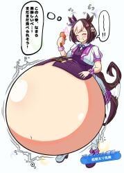 2d belly belly_inflation belly_stuffing carrot dialogue enjoying horse_ears horse_girl horse_tail japanese_commentary japanese_dialogue japanese_text opera_kaizin pleasure_face pleasured special_week_(umamusume) stomach stomach_bulge stomach_inflation stuffing text umamusume