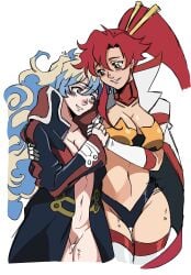 2girls bandeau blush breasts choker cleavage coat holding_hands jacket large_breasts midriff multicolored_hair multiple_girls navel nia_teppelin open_clothes open_jacket pussy red_hair redraw smile space_yoko tengen_toppa_gurren_lagann trench_coat two-tone_hair yellow_eyes yoko_littner