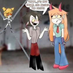 1boy2girls age_difference bdsm bdsm_outfit blonde_hair blushing brown_hair chained crying_with_eyes_open domination dominatrix english_text female flat_chested little_girl male messy_hair original_character pigtails scared_expression semi_nude shocked smaller_female tied_hands tusks vampire vampires_hell