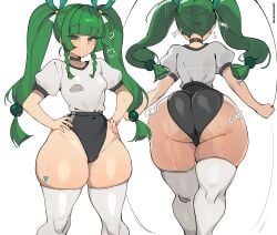 1girls alternate_version_available android android_girl back_view bottom_heavy bouncing_ass bubble_butt female_focus hand_on_hip huge_ass kuromaruart qingyi_(zenless_zone_zero) robot_girl skimpy skimpy_clothes small_breasts solo solo_female steaming_body steamy_breath sweat sweatdrop sweating text thick_thighs thighhighs thighs thunder_thighs tight_clothing twintails white_background white_thighhighs wide_hips working_out zenless_zone_zero
