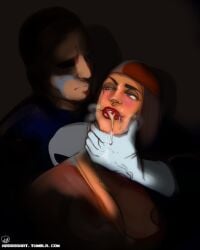 1boy 1girls adoggoart after_sex alternate_version_at_source black_hair cum cum_in_mouth cum_on_face elektra_natchios female hand_around_neck male marvel punisher_(francis_castle)
