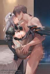 1boy 1girl 2026 ai_generated armor bandaged_head bandages bed black_gloves blush boots breasts brown_hair closed_eyes clothed_female_nude_male clothed_sex faceless faceless_male fingerless_gloves french_kiss gloves goddess_of_victory:_nikke grey_hair headband hetero highres kiss lifting_person long_hair medium_breasts modernia_(nikke) nipples nsfw nude pantyhose serain sex shoulder_armor standing standing_sex suspended_congress thighs torn_clothes uncensored