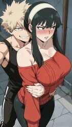 1boy 1girls ai_generated bakugou_katsuki big_breasts big_butt black_hair blonde_hair bullying busty cheating cheating_girlfriend cheating_wife cleavage crossover disgusted envia katsuki_bakugou muscular_male my_hero_academia netorare ntr older_female reluctant selfie short_hair_with_long_locks spiky_hair spy_x_family thick_thighs yor_briar yor_forger younger_male