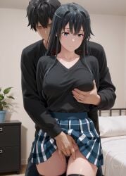 1boy 1girls ai_generated bangs black_hair black_shirt blue_eyes blush breast_grab breasts closed_mouth clothes_lift collarbone epsilon_apollo fingering grabbing grabbing_from_behind hair_ribbon hand_under_clothes hetero highres indoors long_hair long_sleeves my_teen_romantic_comedy_snafu plaid plaid_skirt plant pleated_skirt potted_plant pussy_juice red_ribbon ribbon self_upload shirt skirt skirt_lift sobu_high_school_uniform tagme thighhighs yahari_ore_no_seishun_lovecome_wa_machigatteiru. yukinoshita_yukino