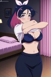 1girl ai_generated bed bedroom black_hair black_skirt blue_bra blush bow bra breasts cleavage closed_mouth clothes_lift curtains digitalwaifugallery female female_only hi_res high_quality high_resolution indoors large_breasts lifted_by_self long_hair looking_at_viewer multicolored_hair navel patreon pencil_skirt pillow pink_eyes pink_hair ponytail seductive sexy shirt shirt_lift short_sleeves skirt solo thick_eyebrows two-tone_hair uncensored underwear undressing watermark white_shirt