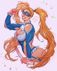 1girl arched_back arm_up artist_name ass biceps blonde_hair blue_eyes blue_leotard breasts cleavage cleavage_cutout clenched_hand clothing clothing_cutout cropped_legs domino_mask female flexing frilled_leotard frills from_side grin hair_pulled_back heart_cutout holding large_breasts leotard long_hair looking_at_viewer mask muscular muscular_female rainbow_mika shoulder_cutout simple_background smile solo street_fighter teeth twintails valentinainat1 very_long_hair weapon wrestling_outfit