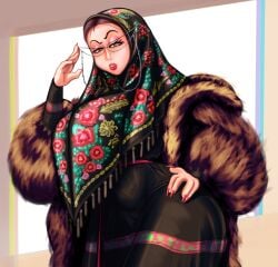 1girls arabian big_hips clothed curvy curvy_figure evil_sheep female female_focus female_only glasses hand_on_hip hijab hips lipstick muslim original original_character