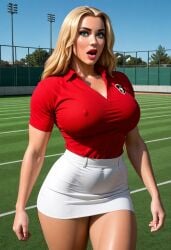 ai_generated bimbo blonde_female blonde_hair blue_eyes coxville_stories erect_nipples erect_nipples_under_clothes huge_breasts jakespicer34 jenny_summers milf polo_shirt short_skirt teacher