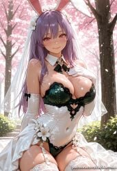 1girl ai_generated animal_ears bangs bare_shoulders blush breasts bridal_veil cleavage closed_mouth covered_navel day detached_collar elbow_gloves flower garter_straps gloves hair_between_eyes hair_flower hair_ornament kermixx large_breasts leotard long_hair looking_at_viewer outdoors petals purple_hair rabbit_ears red_eyes reisen_udongein_inaba see-through sitting smile solo thighhighs touhou tree veil white_gloves white_thighhighs