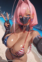 1girls 2026 ahoge ai_generated alternate_version_at_source american_flag_bikini bangs blue_eyes braid braided_hair brown_skin cyberpunk:_edgerunners cyberpunk_(series) cyborg cyborg_girl dark-skinned_female dark_skin face_mask faceplate female hypet long_hair looking_at_viewer mask medium_breasts mouthplate pink_hair shiny shiny_skin solo steam steaming_body talia_yang v_sign wide_hips