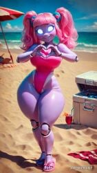 1girls 9:16 ai_assisted ai_generated amorphant beach beach_towel beach_umbrella cooler curvy drink empty_eyes eyeliner female female_only glowing_eyes heart_hands highres humanoid long_hair medium_breasts ocean outdoors pink_hair purple_body robot_girl smile solo tea thick_thighs twintails water white_eyes wide_hips