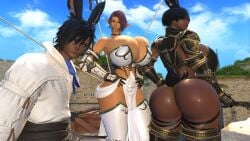 1boy 2girls 3d armor armored_female artist:amicea ass ass_bigger_than_head bangs bangs_over_eyes bikini_armor black_hair blushing_male breasts breasts_bigger_than_head bunny_boy bunny_ears bunny_girl bunny_tail cleavage cleavage_overflow confident confident_female elezen elf elf_ears elf_female elf_girl final_fantasy final_fantasy_xiv flustered flustered_male gpose_(ffxiv) hips_wider_than_shoulders huge_ass huge_breasts huge_butt huge_thighs light-skinned_female light_skin loincloth orange_eyes outdoors purple_hair red_eyes see-through_clothing self_upload size_difference tattoo tattoos thigh_boots thighs viera