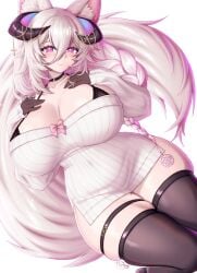 animal_ears black_bra black_choker black_gloves blush bow bra braid breasts choker cleavage collarbone cross fraeya_(vtuber) gloves horn_ornament horns huge_breasts indie_virtual_youtuber long_hair long_sleeves looking_at_viewer mole pink_bow pink_eyes pink_hair pink_lips sevie smile solo sweater tail tattoo thigh_strap thighs underwear virtual_youtuber wolf_ears wolf_girl wolf_tail