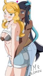 2girls ambiguous_fingering artist_name artist_signature black_hair blue_eyes blush blushing bra breast_grab breasts breath breath_cloud collarbone covering_crotch cupping_breasts dark-skinned_female dark_skin dated earrings embarrassed eyebrows_visible_through_hair eyeshadow female fingering fingering_partner game_freak grabbing_another's_breast green_eyes grey_bra groping_breasts groping_from_behind hair_ornament heart heart_symbol hoop_earrings interracial interracial_yuri jean_shorts jeans jewelry lesbian long_hair looking_at_partner looking_back medium_breasts navel nessa_(pokemon) nintendo open_mouth orange_hair pokemon pokemon_ss pokemon_swsh ponytail rubbing_pussy rubbing_pussy_through_clothing shaking smile smiling smiling_at_partner sonia_(pokemon) tank_top tank_top_lift thighs tummy unzipped unzipped_pants unzipped_shorts white_background white_tank_top yuri