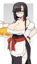 1girls alcohol apron beer beer_glass big_breasts black_hair cleavage commission female female_only glasses hand_on_hip hi_res j5daigada looking_at_viewer medium_hair mole mole_on_breast narrowed_eyes purple_eyes round_glasses side_slit smiling smiling_at_viewer solo thighhighs waitress waitress_uniform white_thighhighs