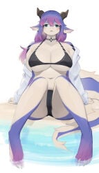 1girls 2026 anthro big_breasts bikini black_bikini black_clothing black_swimwear blue_eyes breasts camel_toe choker clothed clothing collarbone dragon eyelashes feet female female_only hair hi_res horn jewelry kemono lanya_(lcshian) lcshian looking_at_viewer navel necklace open_clothing open_shirt open_topwear purple_body purple_hair shirt sitting solo swimwear topwear two-piece_swimsuit white_body wingless_dragon