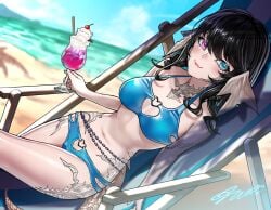 1girls au_ra beach beach_chair bikini black_hair breasts_out female final_fantasy final_fantasy_xiv green_bikini green_eye green_swimsuit horns long_hair medium_breasts multicolored_eyes purple_eye raen scales swimsuit tail