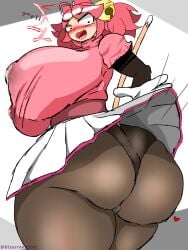 artist_request big_thighs blushing catgirl deltarune mad_mew_mew massive_ass massive_breasts milk_leaking milking_breasts skirt_pull surprised sweatdrop undertale wet_pussy