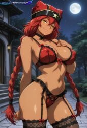 1girl 2d absurd_resolution absurdres adjusting_clothes ai ai-created ai_art ai_generated anime anime_coloring anime_screenshot big_breasts black_bra black_choker black_frills black_headwear black_lingerie black_panties black_thighhighs blush bow bra braid breasts building choker cleavage collar cowboy_shot curvy dark_skin detailed_background dynamic_angle dynamic_pose exhibitionism exibitionism exited explicit female fishnet_thighhighs frills full_moon garter_belt garter_straps glossy glossy_body glossy_skin gold_eyes gorgeous hair_over_one_eye hand_on_breast hat hentai hi_res high_contrast high_quality high_resolution in_heat lace lace_trim large_breasts lingerie long_hair looking_at_viewer lupusregina_beta midriff military_hat moon navel night nsfw outdoors overlord_(maruyama) panties path patreon perfect_anatomy pervert_female plump presenting rating_explicit red_bow red_bra red_hair red_hat red_lingerie red_panties ribbon sexy sexy_body sexy_female sexy_pose sideboob smile smirk soft_shading solo source_anime standing starry_sky stomach tan_skin teasing teasing_viewer thick_thighs thighhighs trees twin_braids underboob very_long_hair voluptuous voluptuous_body voluptuous_female watermark wide_hips yellow_eyes
