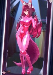 blushing boots cherry_blossoms choker fluffy_tail fox_ears fox_girl fox_tail knee_boots kneehigh_boots konglex latex latex_bodysuit long_hair mirror_selfie phone pink_boots pink_ears pink_eyes pink_hair pink_latex pink_tail platform_boots selfie shiny_boots shiny_hair shiny_latex shiny_thighs trans_woman virtual_youtuber vtuber