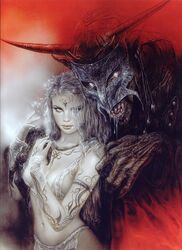 1girls blonde_hair demon embrace female from_behind helmet horns luis_royo monster original tattoo tattoos