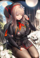 1girls absurdres armor belt_pouch beret black_coat black_hat black_shirt black_skirt blue_sky boobplate bow breastplate breasts brown_hair brown_pantyhose ceiling_light closed_mouth coat collared_shirt commentary_request crescent_moon curvy desk_lamp earrings emma_(nikke) eyeshadow flower goddess_of_victory:_nikke hair_bow hand_up hat highres holding holding_own_hair hoop_earrings jewelry lamp large_breasts lipstick long_sleeves looking_at_viewer madaeng makeup mature_female mirror moon neckerchief off_shoulder pantyhose pleated_skirt pouch red_eyeshadow red_neckerchief rose seiza shadow shirt short_sleeves sitting skirt sky smile solo star_(symbol) star_earrings striped_bow thighband_pantyhose thighs white_flower white_rose yellow_eyes