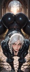1girl ai_generated arched_back arm_rest armor ass ass_shake backdoorsenpai belt big_ass black_coat black_gloves black_pants blush bouncing bouncing_ass braided_ponytail cd_projekt_red ciri closed_mouth curvy egao eyelashes female_focus fingernails flexible fur-trimmed_coat green_eyes half_crown_braid hands_on_ground jack-o'_challenge large_breasts lips long_hair looking_at_viewer naughty_face naugty_eyes nose perky_breasts scar_on_face shoes solo spread_legs stretching the_witcher_(series) the_witcher_3:_wild_hunt thick_thighs thighs top-down_bottom-up white_hair wide_hips wide_spread_legs witcher_medallion