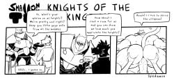 2boys anal_sex anthro anthro_on_anthro armor ass butt canine clothed clothing comic dialogue english_text erection felid feline from_behind furry gay helmet inviting knight knight_armor male male/male male_only muscular_male nude penis size_difference smaller_male spedumon tail teasing text warrior
