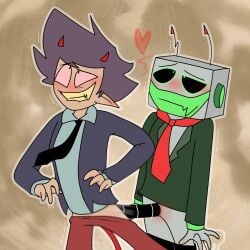 behind_another biting_lip blushing gay gay_male gay_sex heart homosexual horns inserted_penis intercourse long_penis male male_only mechanophilia original_character pants_down penetration_from_behind pleasure_face robot robot_humanoid smile standing vampires_hell