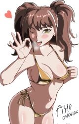 1girls arched_back areola_slip areolae artist_name artist_signature ass atlus bangs bikini bikini_bottom bikini_strings bikini_top blush blushing breasts breath breath_cloud brown_hair collarbone dated exposing_areola fellatio_gesture female gold_bikini hand_on_breast heart heart_symbol kujikawa_rise large_breasts looking_at_viewer medium_hair navel one_eye_closed open_mouth persona persona_4 pinup shadow_rise shadow_self_(persona) sideboob solo string string_bikini teasing teasing_viewer thick_thighs thighs tongue_out tummy twintails white_background wink winking winking_at_viewer yellow_eyes