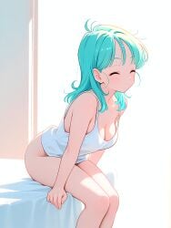 1girl absurd_res absurdres ai-created ai-generated ai_art ai_generated aqua_hair arm_support artist_name athletic_female backlighting bangs bare_arms bare_shoulders bed_sheet boobs bottomless bra_briefs breasts bust chest cleavage closed_eyes closed_mouth collarbone dragon_ball dragon_ball_super dragon_ball_z female fit_female gumtoof hi_res high_quality high_resolution leaning_forward long_hair medium_breasts medium_hair morning on_bed patreon patreon_username shiny sitting solo solo_focus stable_diffusion sunlight tagme tank_top thighs tits uncensored white_shirt white_tank_top