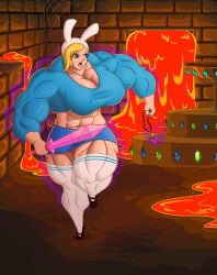 1girls abs adventure_time blonde_hair blue_eyes breasts cracked_ground cracks dagwam dungeon female fionna_and_cake fionna_the_human_girl huge_breasts lava muscle_fetish muscle_growth muscles muscular muscular_arms muscular_female muscular_thighs nipple_bulge nipples_visible_through_clothing six_pack sword thighs weapon