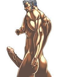 1boy ass bara beard big_penis hyper male male_only muscle muscles nude penis rabbit_(artist) rabbit_(pixiv744412) simple_background solo street_fighter urien veins white_background white_hair