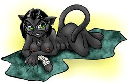 amulet bandage black_hair breasts claws eyes eyeswear fangs feline female fur glasses green_eyes hair hindpaw long_hair looking_at_viewer multi_breast naga_(artist) nipples nude paws piercing plain_background smile teeth