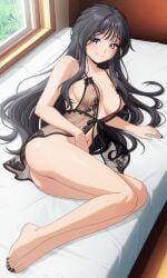 ai_generated anime_screencap back_view bangs bare_shoulders beautiful_feet best_quality blue_eyes bottomless collarbone deep_plunging_neckline detailed_toes explicit full_body hairy half_open highres kaoru_hana_wa_rin_to_saku kaoruko_waguri long_black_hair lying_down masterpiece medium_breasts nipples nsfw perfect_body refreshing sensual_pose sideboob sidelocks smooth_hair teen_female transparent_clothing transparent_lingerie ultra_detailed underboob vagina_visible very_long_hair wholesome