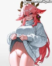 1girl ai_generated aroused ass blush bottomless exposed_pussy fox_ears genshin_impact hair_ornament heart-shaped_pupils large_breasts lifted_by_self long_hair looking_at_viewer no_panties pink_hair pubic_hair purple_eyes pussy smile smug solo sweater sweater_lift thick_thighs thighs turtleneck white_sweater wide_hips yae_miko
