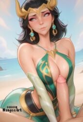 1boy 1girl ai_generated artist_name ass bare_shoulders beach black_hair blush breasts cleavage closed_mouth collarbone day earrings erection explicit eyeshadow girl_on_top green_eyes hetero jewelry lady_loki lady_loki_(marvel_rivals) large_breasts lips looking_to_the_side makeup marvel marvel_comics marvel_rivals nuageeart nude ocean outdoors patreon_username penis sand solo_focus sweat uncensored veins veiny_penis