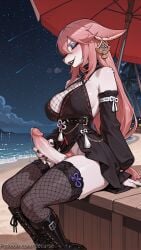 1boy 1girl ai_generated bangs blue_eyes blush braid breasts decurse erection fellatio furry genshin_impact half-closed_eyes hetero licking licking_penis long_hair looking_at_viewer medium_breasts nipples onsen oral outdoors penis pov red_hair solo_focus tongue tongue_out uncensored veins water yae_miko yae_miko_(genshin_impact)