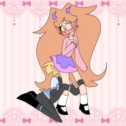 2girls blushing_female eye_patch face_in_ass face_on_butt female_only flat_chested girls_love grabbing_from_behind grabbing_legs her hiding hiding_face kneeling kneeling_female lesbian lesbians long_hair looking_down_at_another original_character shy_expression shy_female skirt_lift skirt_up under_skirt vampires_hell yuri