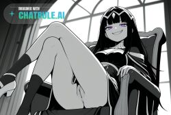 1girl ai_assisted ai_generated beautiful black_hair day dress general gold_tiara grayscale grin high_contrast highres indoors looking_at_viewer no_nose perfect_anatomy purple_eyes pussy sharp_teeth sitting_on_chair slit_pupils smug socks solo upskirt_view