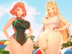 2girls 3d 3d_animation animated beach big_breasts blonde_hair breasts busty female female_only hands_on_hips jiggle jiggling_breasts large_breasts mythra no_sound nurico one-piece_swimsuit outdoors pyra red_hair smiling smug swimsuit tagme thick_thighs thunder_thighs video wide_hips xenoblade_(series) xenoblade_chronicles_2