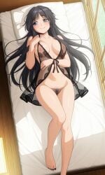 ai_generated anime_screencap back_view bangs bare_shoulders beautiful_feet best_quality blue_eyes bottomless collarbone deep_plunging_neckline detailed_toes explicit full_body hairy half_open highres kaoru_hana_wa_rin_to_saku kaoruko_waguri long_black_hair lying_down masterpiece medium_breasts nipples nsfw perfect_body refreshing sensual_pose sideboob sidelocks smooth_hair teen_female transparent_clothing transparent_lingerie ultra_detailed underboob vagina_visible very_long_hair wholesome