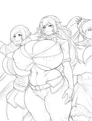 3girls breasts bursting_breasts cleavage dress female female_only huge_breasts long_hair massive_breasts midriff monochrome navel nipple_bulge ruby_rose rwby short_hair short_sleeves skirt smile supersolenoid thick_thighs tied_hair toned toned_female weiss_schnee wide_hips yang_xiao_long